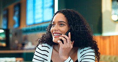 Buy stock photo Phone call, relax or happy woman in cafe talking in mobile conversation as communication. Smile, networking or entrepreneur in discussion at a coffee shop speaking or thinking of ideas on cellphone