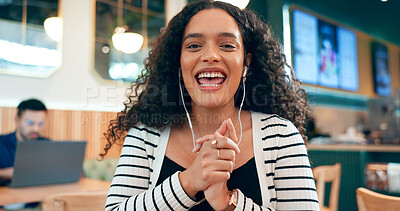 Buy stock photo Woman, happy portrait or hands for video call in restaurant, online conference or remote work for fashion designer. Young person, mexican or face for career pride, technology or communication in cafe