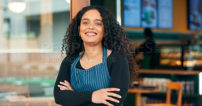 Businesswoman, cafe and arms crossed with smile, manager and startup for store, coffee shop or restaurant. Portrait, entrepreneurship or waitress for retail, proud or confident at door, happy or open