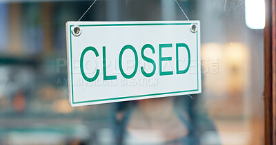 Front door, small business or closed sign on window in coffee shop or restaurant for end of service. Closing time, diner or glass with board, poster or message in retail store or cafe for notice