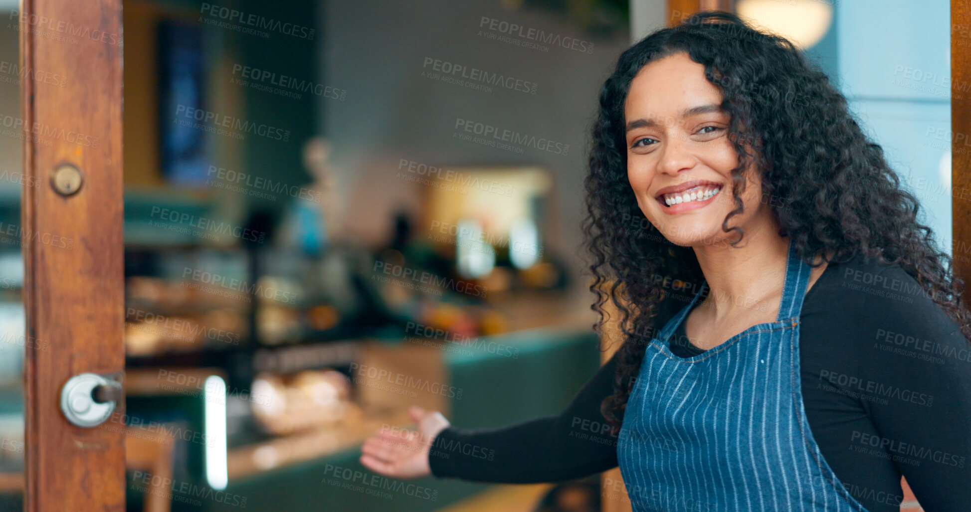 Buy stock photo Businesswoman, store and welcome with smile, waitress and startup for cafe, coffee shop and restaurant. Portrait, entrepreneurship and entrance for retail, proud and confident at door, happy and open