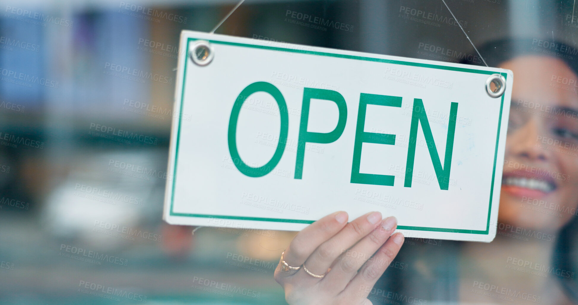 Buy stock photo Happy woman, small business or open sign on window in coffee shop or restaurant ready for service. Advertising, start or entrepreneur holding board, poster or welcome for message in diner or cafe