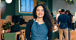 Portrait, happy woman and waitress in coffee shop, store or restaurant for retail service. Face, smile or barista in cafe, worker and employee in apron, entrepreneur or small business owner in Mexico