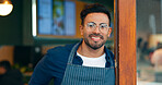 Portrait, entrance and happy man, restaurant business owner or coffee shop manager smile for cafeteria service. Hospitality, management and confident barista, waiter or server leaning on cafe door