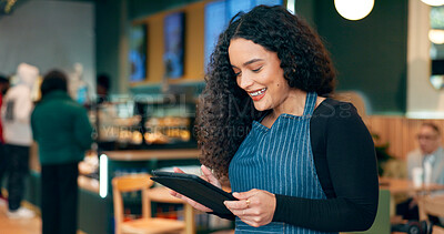 Cafe, woman and business owner on tablet for restaurant sales, online profit or e commerce inventory in store. Entrepreneur, waitress or barista on digital technology for coffee shop or startup