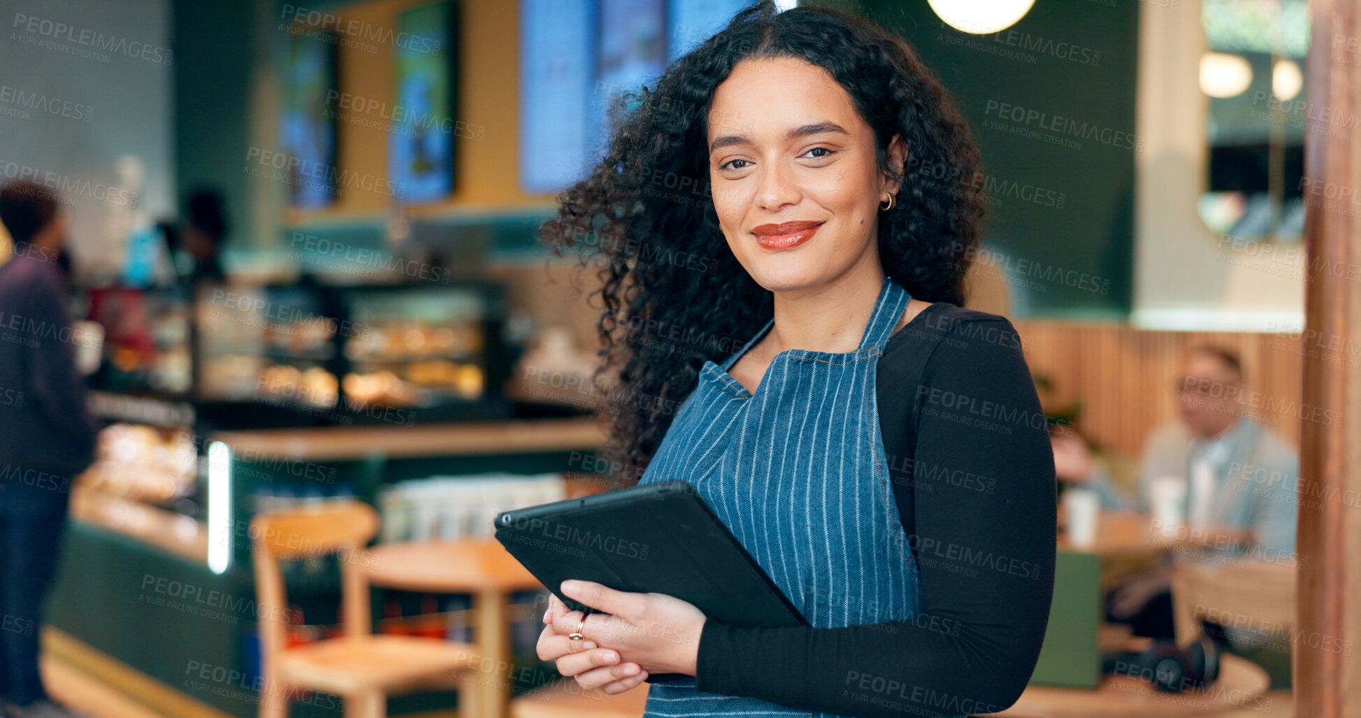 Buy stock photo Cafe, woman and business owner on tablet for restaurant sales, online management or customer service at door. Portrait of entrepreneur, waitress or barista with digital technology for coffee shop