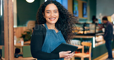 Coffee shop, woman and business owner on tablet for restaurant sales, online management or customer service at door. Portrait of entrepreneur, waitress or barista on digital technology at trendy cafe