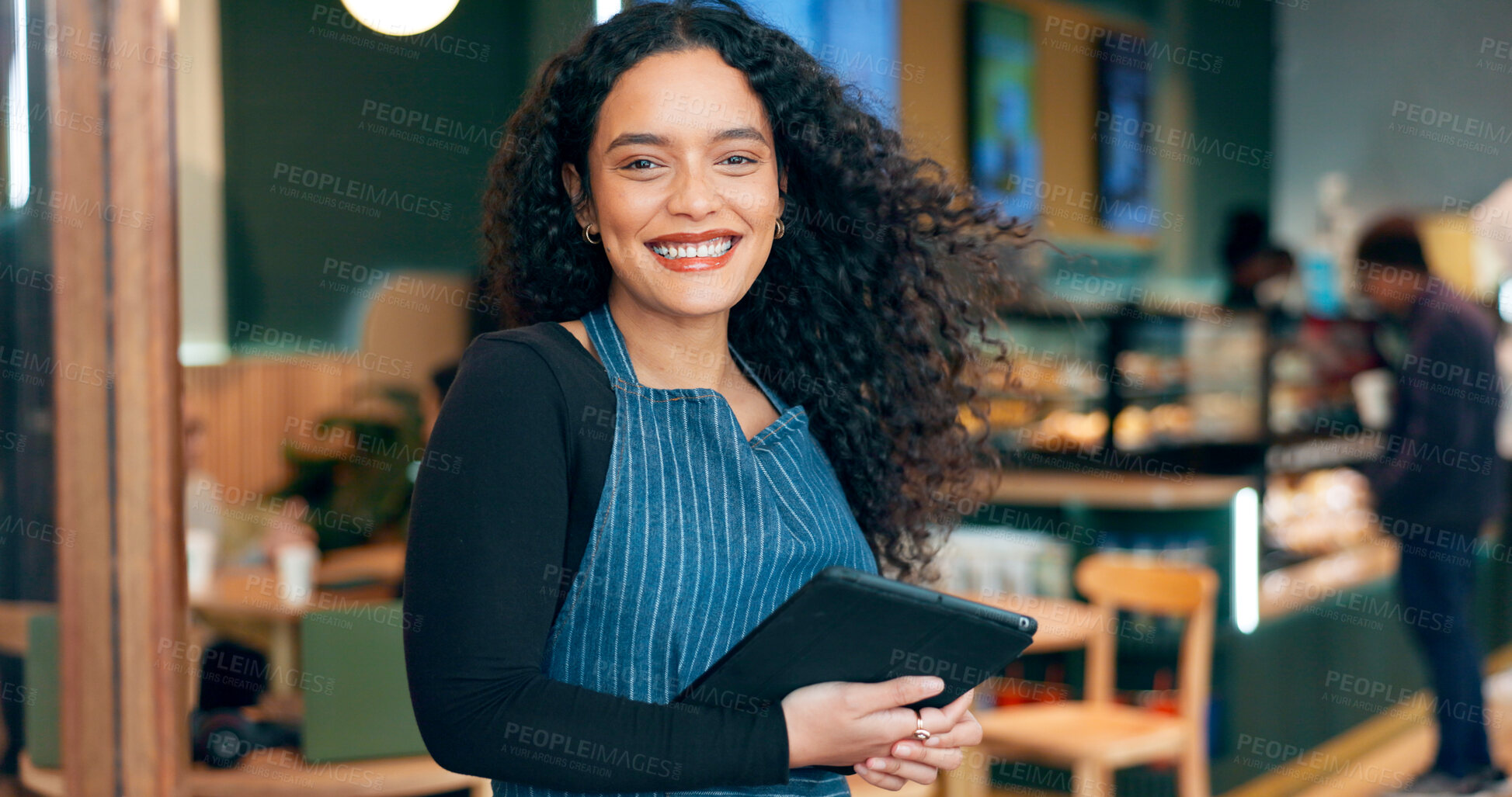 Buy stock photo Coffee shop, woman and business owner on tablet for restaurant sales, online management or customer service at door. Portrait of entrepreneur, waitress or barista on digital technology at trendy cafe