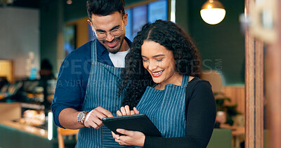 Cafe, business owner and teamwork on tablet for barista training, review sales and online management in hospitality. Happy woman, manager or waiter typing on digital technology for menu or planning