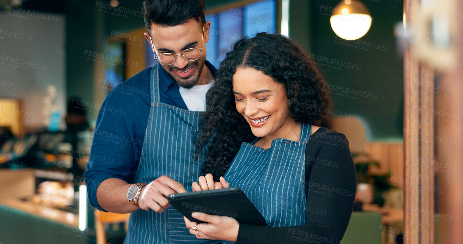 Buy stock photo Cafe, business owner and teamwork on tablet for barista training, review sales and online management in hospitality. Happy woman, manager or waiter typing on digital technology for menu or planning