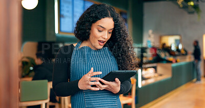 Surprise, restaurant or barista on tablet for small business owner, social media update or sales promotion. Waitress, wow or woman reading news on technology for coffee shop order in cafe review