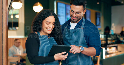 Buy stock photo People, cafe barista and teamwork on tablet of restaurant sales, software management and training in hospitality. Happy woman and manager or small business owner talking of menu on digital technology