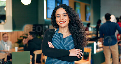Buy stock photo Waitress, woman or portrait with arms crossed or smile for service, welcome or server in coffee shop. Barista, person or face and happiness for hospitality, career or confidence in restaurant or cafe