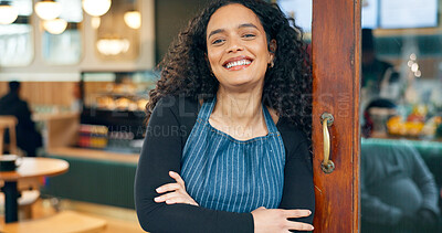 Buy stock photo Small business, coffee shop and arms crossed with smile, waitress and startup for cafe, entrance and restaurant. Portrait, woman and manager for retail, proud and confident at store, happy and open