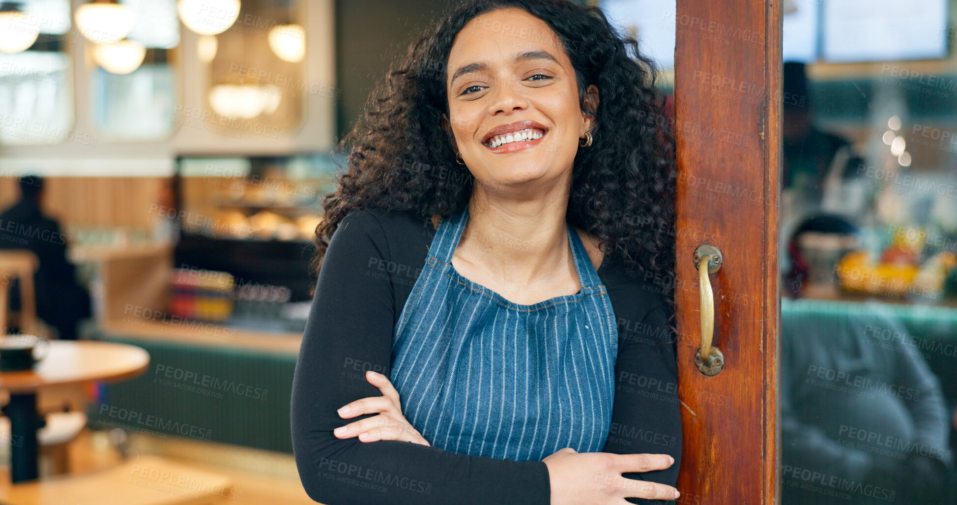 Buy stock photo Small business, coffee shop and arms crossed with smile, waitress and startup for cafe, entrance and restaurant. Portrait, woman and manager for retail, proud and confident at store, happy and open