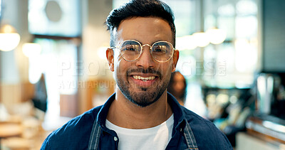 Buy stock photo Portrait, happy man or business owner with smile in coffee shop for startup, career or service in hospitality. Mexican person, face and glasses with excitement for vision of cafe, restaurant or store