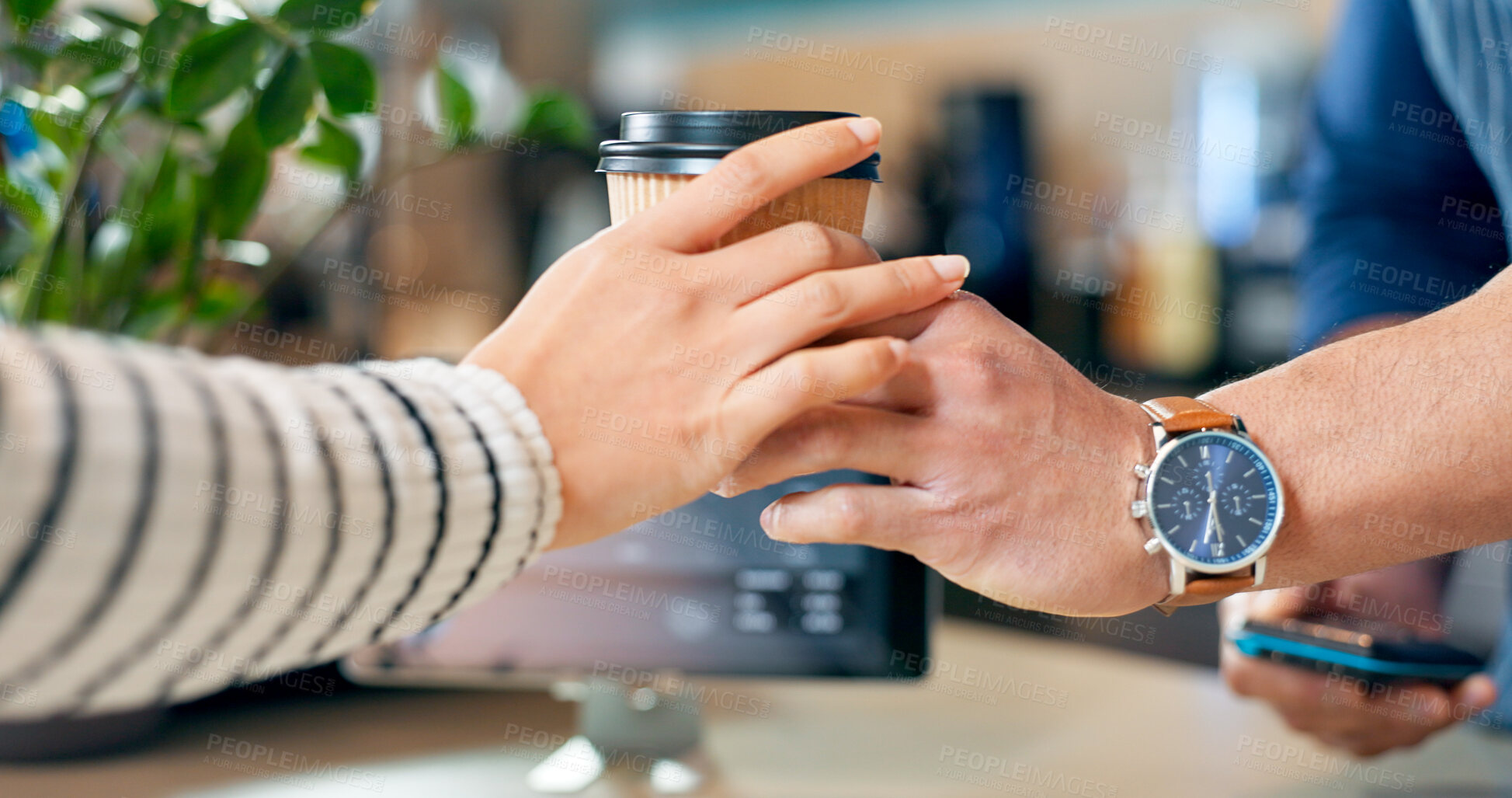 Buy stock photo Hands, barista or customer order at coffee shop for service, drink or help in counter payment in cafe. Serving, closeup or person in small business restaurant giving a tea cup to client at checkout 