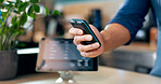 Hand, fintech and a waiter in a coffee shop closeup for sale, payment or purchase of an order. Business, finance and nfc with contactless technology in a cafe or restaurant for takeaway order