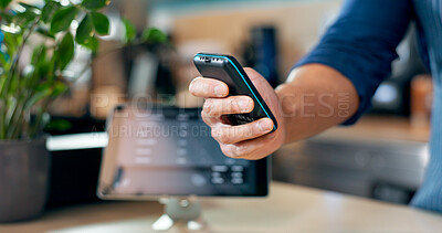 Buy stock photo Hand, fintech and a waiter in a coffee shop closeup for sale, payment or purchase of an order. Business, finance and nfc with contactless technology in a cafe or restaurant for takeaway order