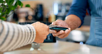Credit card, fintech or hands of customer in cafe with cashier for shopping, sale or checkout. Payment machine, bills or closeup of person paying for service, coffee or tea in restaurant or diner