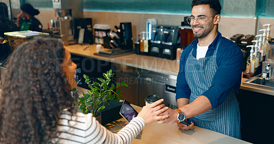 Coffee, payment or happy customer in cafe with barista for shopping, sale or service in checkout. Machine, bills or friendly cashier giving espresso, beverage or tea drink to a woman in restaurant