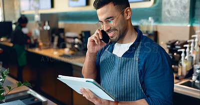 Phone call, restaurant or manager on tablet for small business logistics, social media update or sale. Barista, listen or happy man reading on technology app for coffee shop order in cafe startup