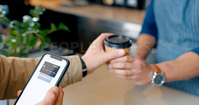 Coffee, phone or hands of customer in cafe with cashier for shopping, sale or payment in checkout. Machine, bills or closeup of barista giving service, beverage or tea drink to a person in restaurant