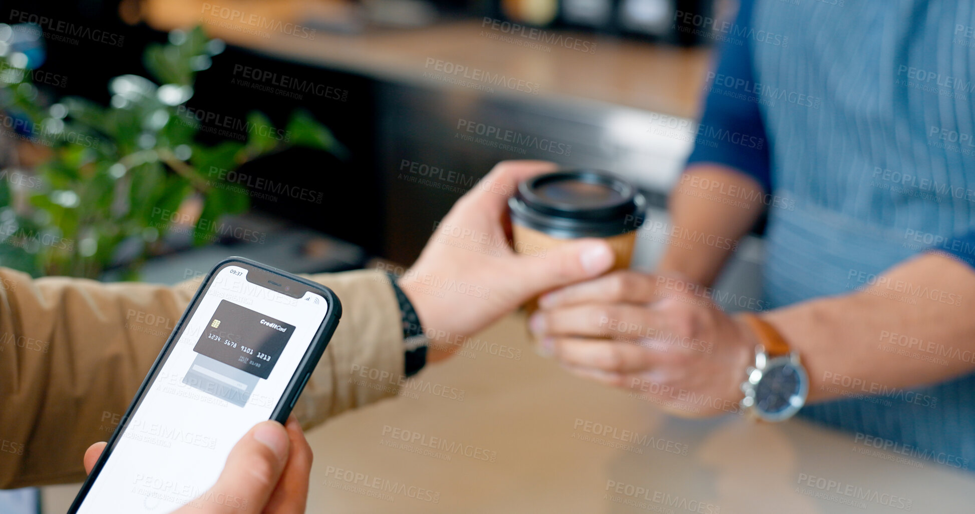 Buy stock photo Coffee, phone or hands of customer in cafe with cashier for shopping, sale or payment in checkout. Machine, bills or closeup of barista giving service, beverage or tea drink to a person in restaurant