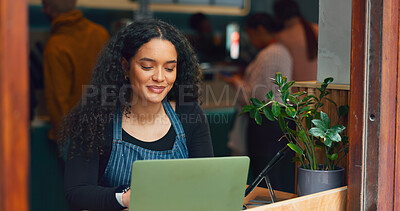 Manager, small business or laptop in coffee shop for work schedule, stock or inventory check. Management, menu or woman with technology for website, email or online app system in cafe or restaurant