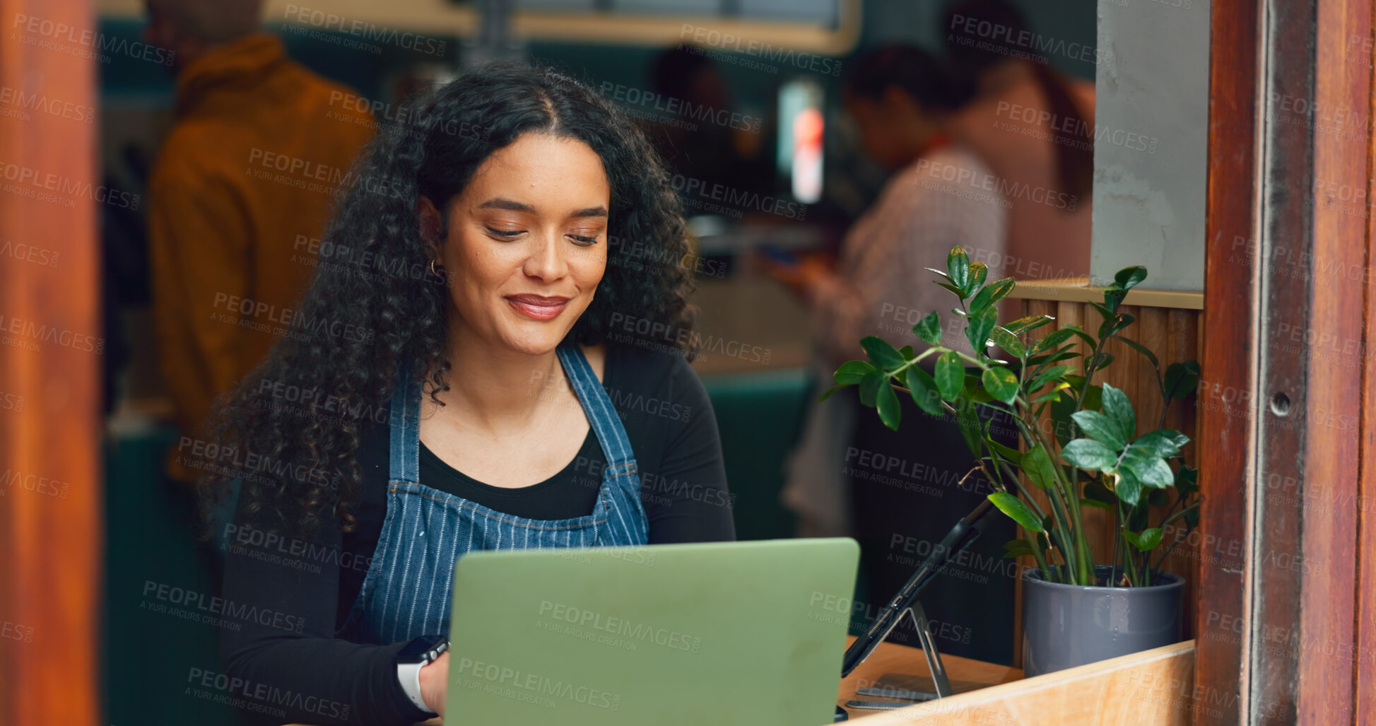 Buy stock photo Manager, small business or laptop in coffee shop for work schedule, stock or inventory check. Management, menu or woman with technology for website, email or online app system in cafe or restaurant 
