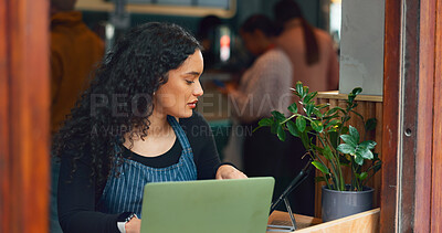 Tablet, small business or laptop in coffee shop for work schedule, stock or inventory check. Management, woman or manager with technology for website, email or online app system in cafe or restaurant