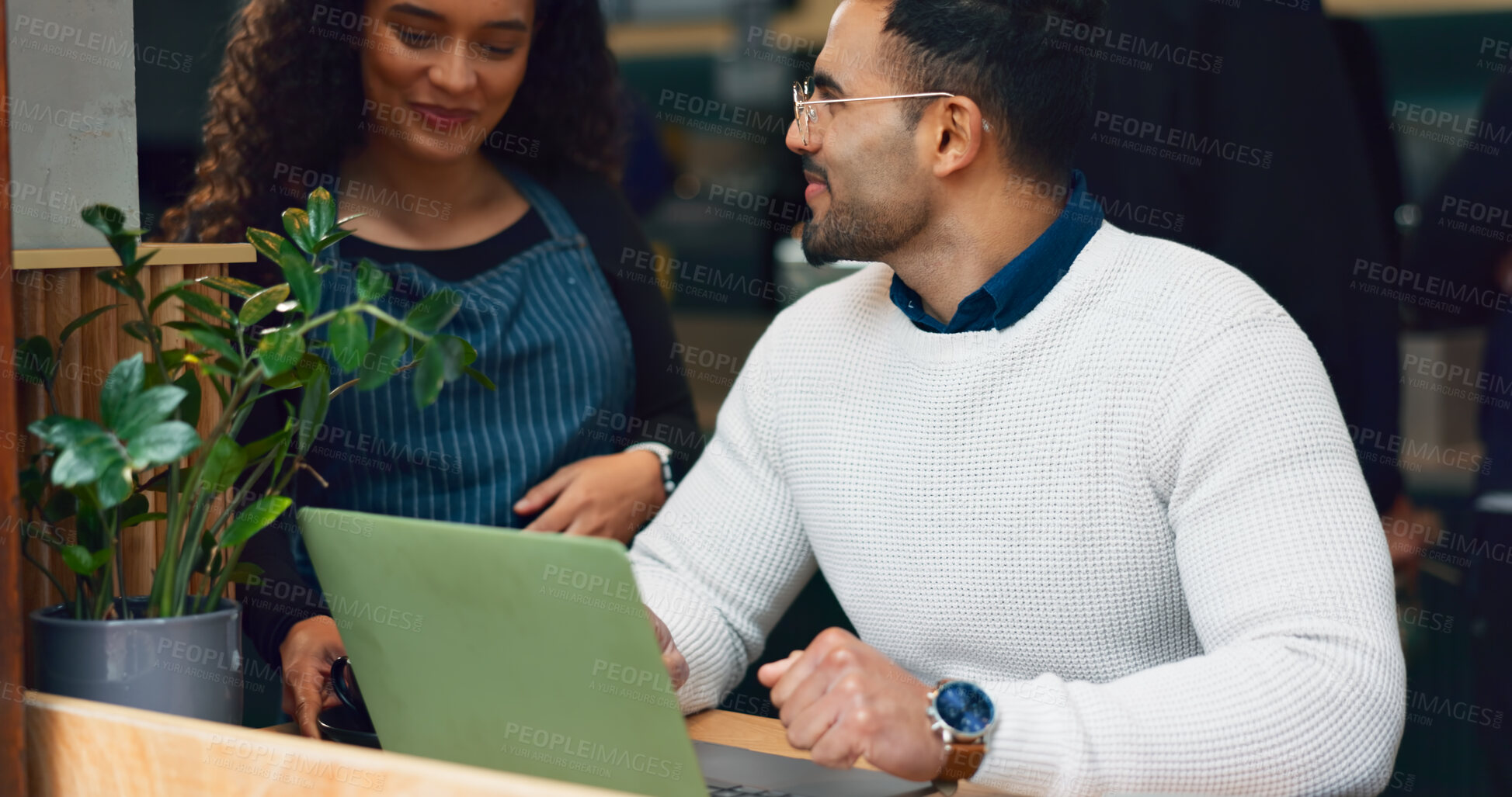 Buy stock photo Coffee shop waitress, laptop and happy man, customer, remote work person smile for cafe barista service. Network connection, restaurant diner server and client with order, tea or morning hospitality 