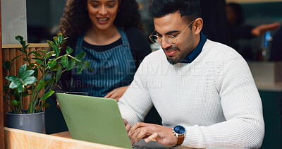 Buy stock photo Waitress, laptop and coffee shop man, client, remote work person typing, working and cafe barista with drink order. Research computer, restaurant diner server and customer with hospitality service