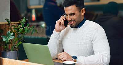 Man, phone call and laptop at cafe for remote work, communication and planning or talking of website design. Freelancer on mobile, voip chat and computer for internet at coffee shop or restaurant