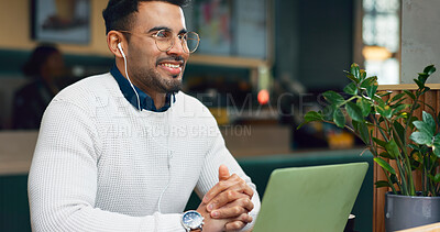 Coffee shop, thinking and man with a laptop, smile and connection with inspiration, ideas and planning. Person, freelancer and entrepreneur with a pc, cafe or project with copywriting and relax