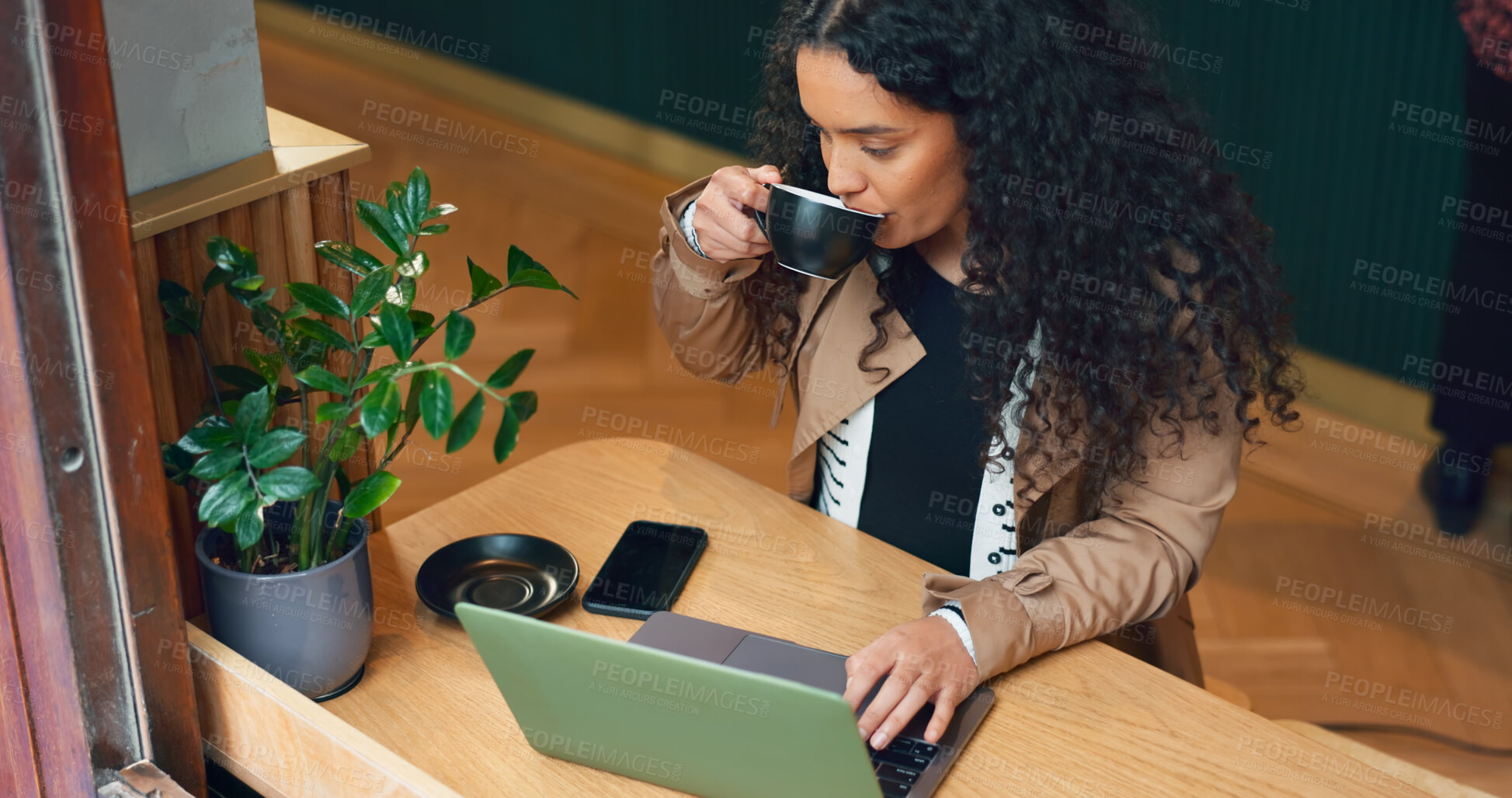 Buy stock photo Woman, remote work and coffee shop with laptop, drink and scroll with reading, data analysis or thinking. Journalist, freelancer and ideas with computer, cafe or process for story, news or research