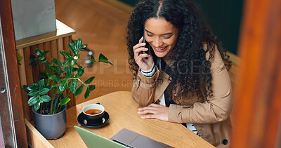 Woman, phone call and remote work in cafe with smile for communication, networking and research with laptop. Journalist girl, computer and smartphone for contact, coffee shop and happy for story