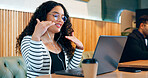 Woman, computer and video call in cafe for remote work, online meeting and planning or networking for job opportunity. Freelancer talking on laptop for virtual discussion at restaurant or coffee shop