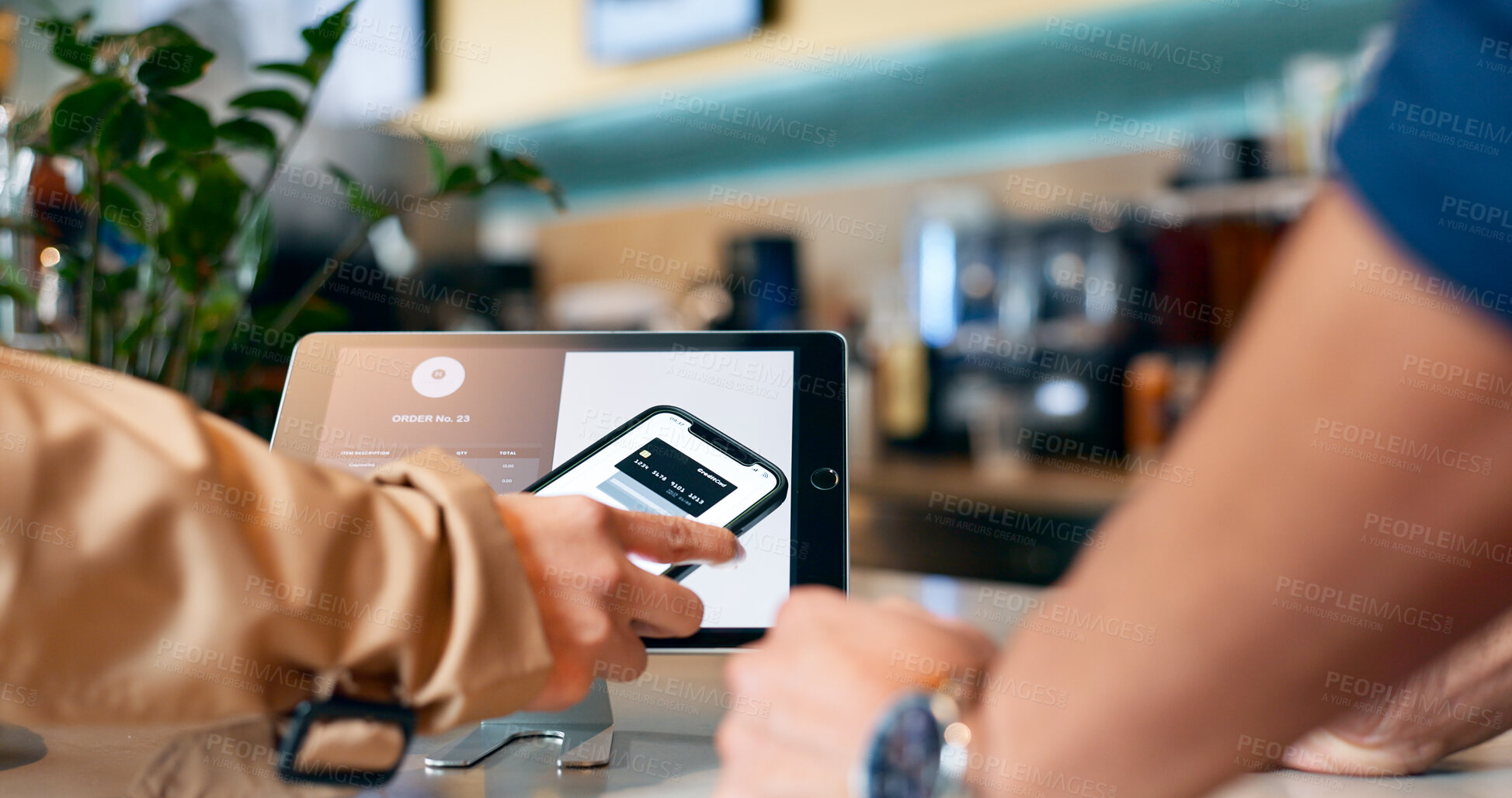 Buy stock photo Hands, phone and pos in restaurant, payment and fintech app with digital credit card, deal and services in store. People, smartphone and machine for point of sale, banking and tablet in coffee shop