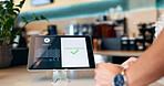 Business, restaurant and tablet for payment by online, internet or network for e commerce, fintech or digital. Technology, screen and customer for success in transaction with app for connectivity