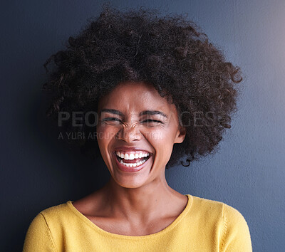 Buy stock photo Laughing, woman and beauty portrait in studio with happiness, freedom or wellness mockup space, Funny, face and natural African hair care, cosmetics and smile for dermatology on grey background