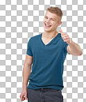 Man, smile and thumbs up in portrait, agreement and thank you or isolated on transparent png background. Male person, emoji and icon or face, winner and confidence or promote, yes and satisfaction