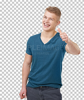 Buy stock photo Man, smile and thumbs up in portrait, agreement and thank you or isolated on transparent png background. Male person, emoji and icon or face, winner and confidence or promote, yes and satisfaction