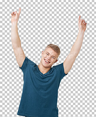 Buy stock photo Portrait, pointing up and man with a smile, promotion and happiness isolated on a transparent background. Face, person and model with hand gesture, announcement and png with opportunity and decision