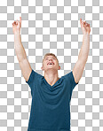 Opportunity, pointing up and man with a smile, promotion and happiness isolated on a transparent background. Emoji, person and model with hand gesture, announcement and png with decision and choice