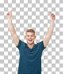 Portrait, pointing up and man with a smile, opportunity and happiness isolated on a transparent background. Promotion, person and model with hand gesture, announcement and png with emoji and decision