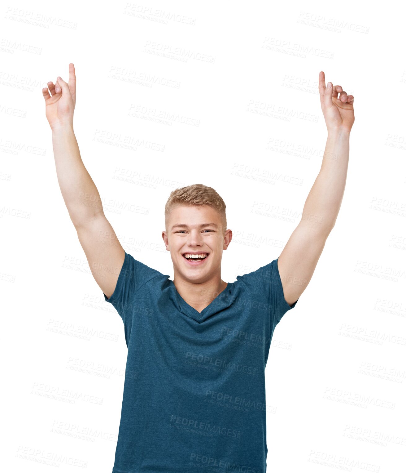 Buy stock photo Portrait, pointing up and man with a smile, opportunity and happiness isolated on a transparent background. Promotion, person and model with hand gesture, announcement and png with emoji and decision