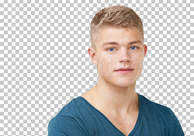 Buy stock photo Smile, handsome and portrait of young man with positive, good and confident attitude with casual tshirt. Happy, headshot and face of male person from Australia isolated by transparent png background.