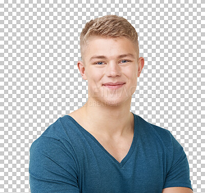 Buy stock photo Smile, handsome and portrait of young man with positive, good and confident attitude with casual tshirt. Happy, headshot and face of male person from Australia isolated by transparent png background.