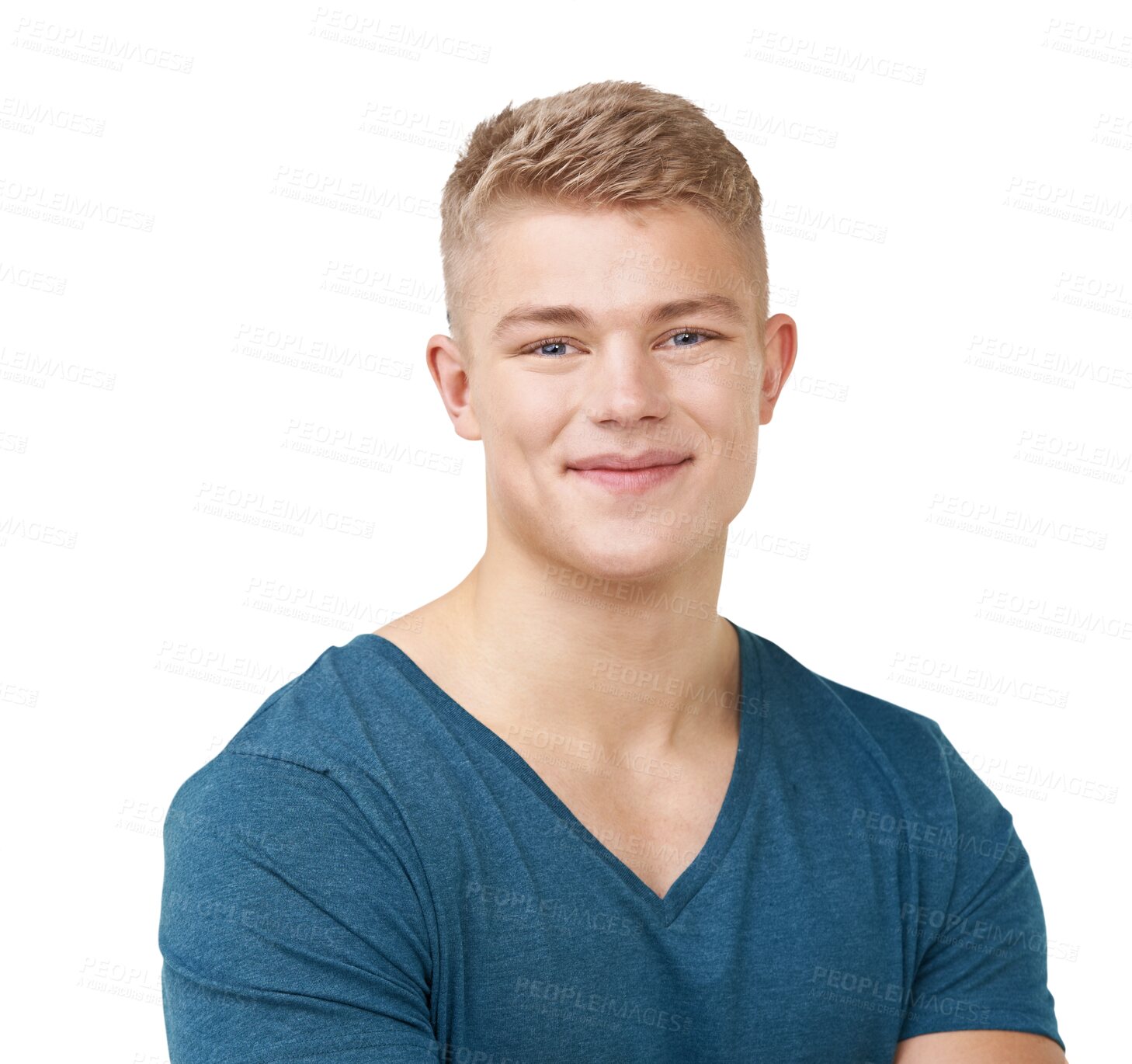 Buy stock photo Smile, handsome and portrait of young man with positive, good and confident attitude with casual tshirt. Happy, headshot and face of male person from Australia isolated by transparent png background.